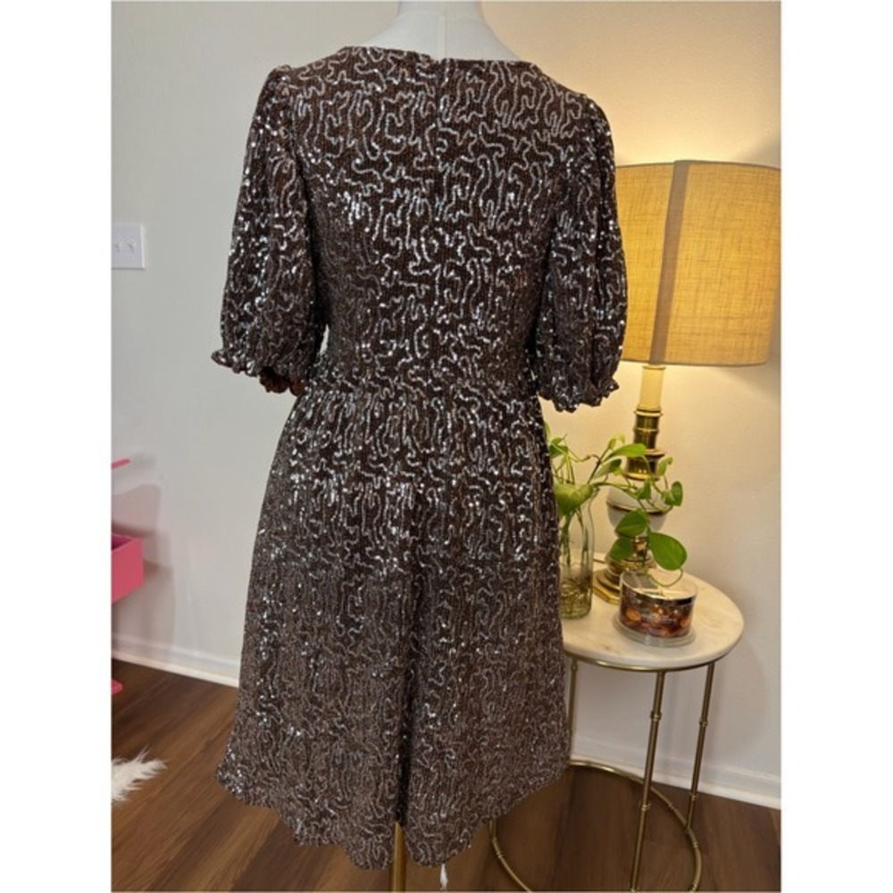 Moon River Brown Sequin Square Neck Puff Sleeve Knee Length Dress Small - Picture 7 of 9